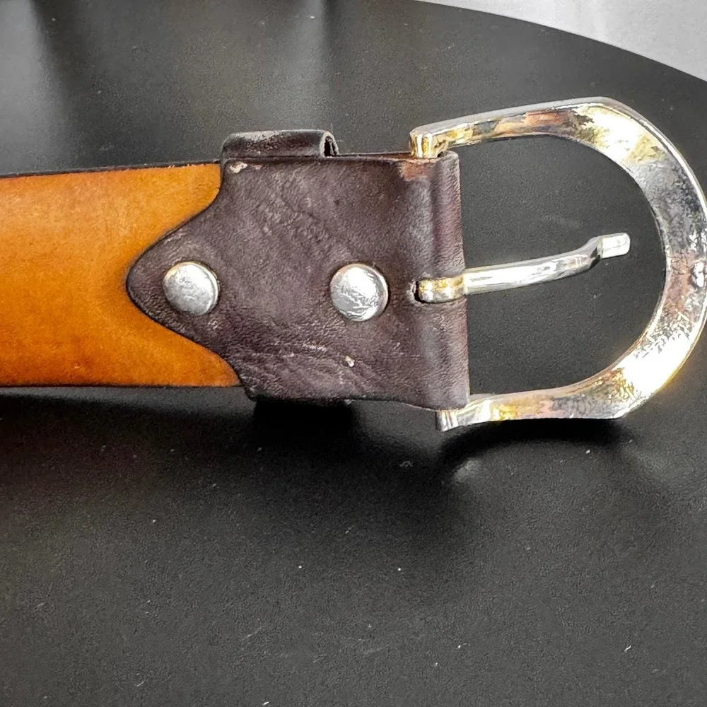 RARE Antique Reddish Dark Brown Grain Calf Leather Belt‎ Silver Buckle Mens 34
